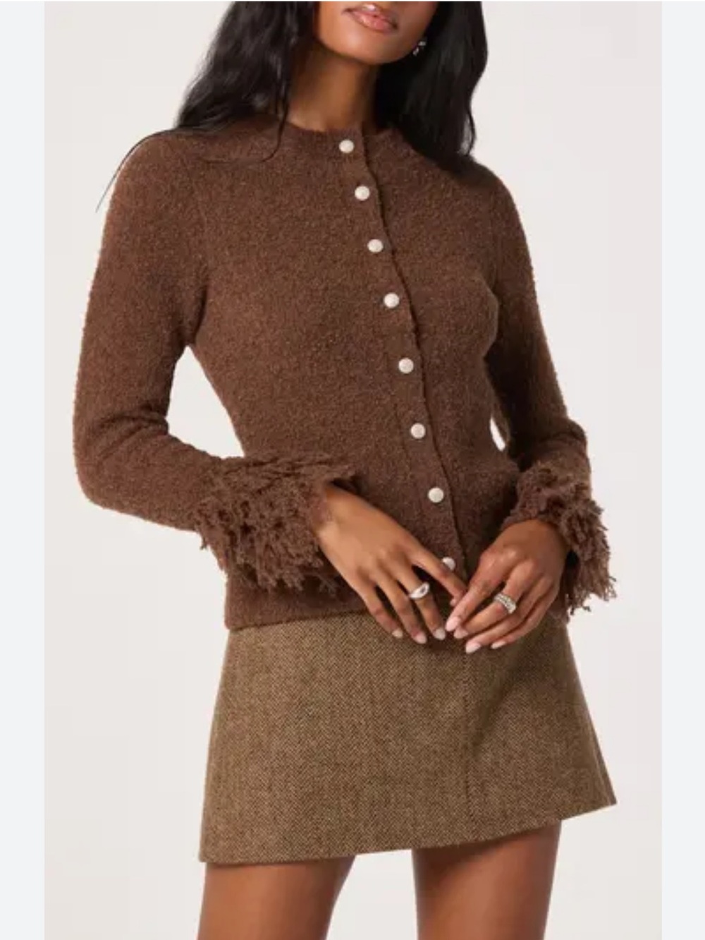 ASTR Brown Fringe-Cuff Button Cardigan Size L - Picture 15 of 16